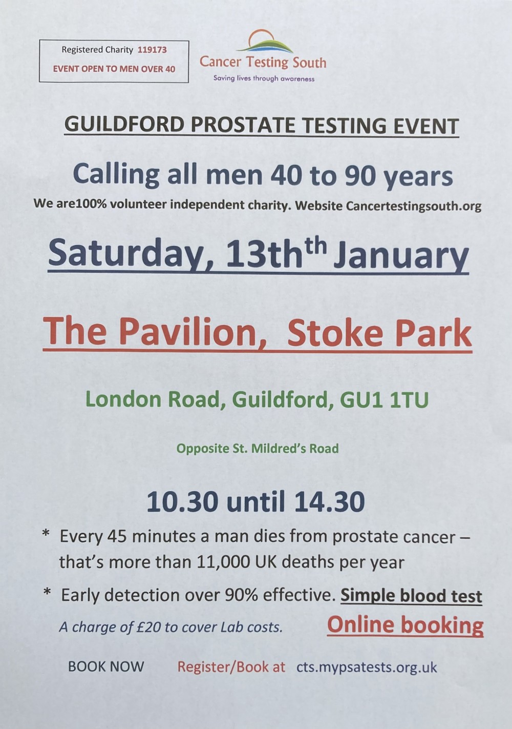 PSA Prostate Cancer blood testing event at our Club House on Saturday, 13th Jan